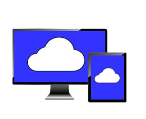 desktop computer and device with blue background and cloud