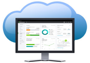 QuickBooks on a monitor in a blue cloud