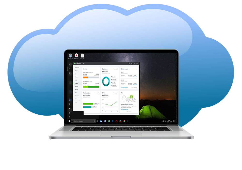 Windows cloud desktop with QuickBooks open in a blue cloud