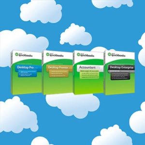 QuickBooks desktop versions in the sky with blue background and clouds