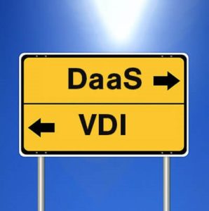 Desktop-as-a-service DaaS versus Virtualized Desktop Infrastructure VDI yellow sign with arrows and blue background